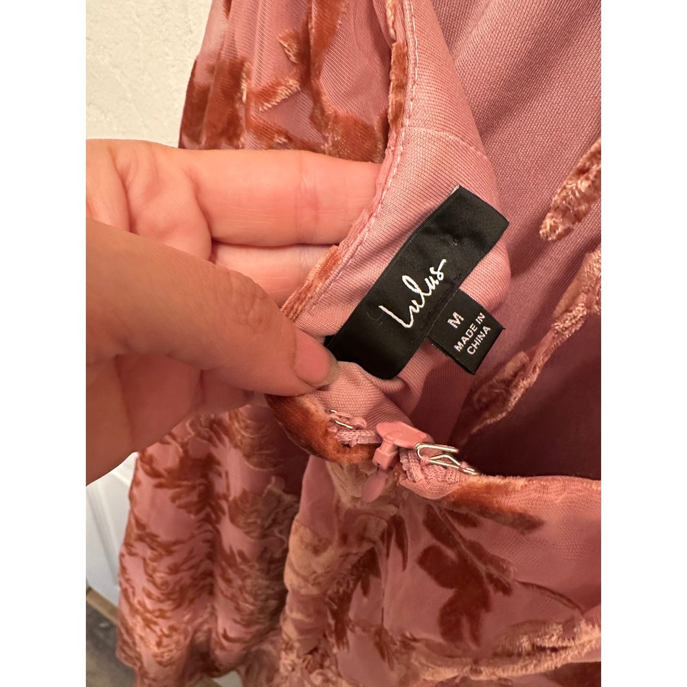 Lulus Dusty Rose Burnout Velvet Floral Midi Slip Dress Pink Size M Tie Back Y2K - Picture 3 of 4